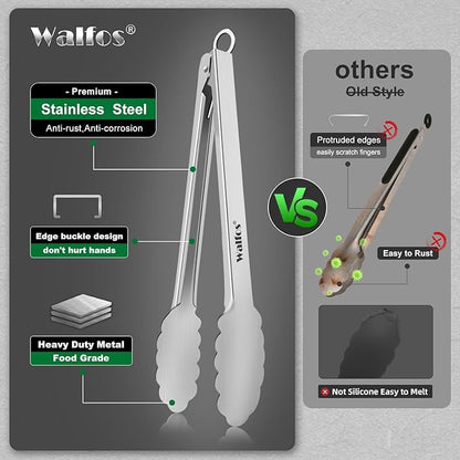 Walfos tongs for cooking, All Metal Kitchen Tongs 600℉ Heat Resistant, Heavy Duty Locking Tongs 2-piece 12 Inch - Image 8