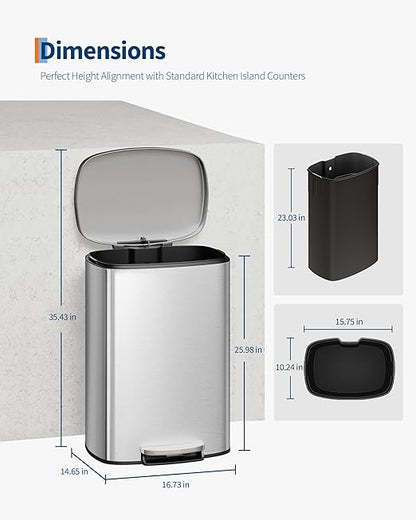 Garvee 13 gal (50 L) and 2.6 gal (10 L) Stainless Steel Trash Can Combo Set, Rustproof Garbage Can with Lid for Kitchen and Bathroom, Step-on Trash Bin with Inner Bucket, Rear Handle, Silver - Image 7