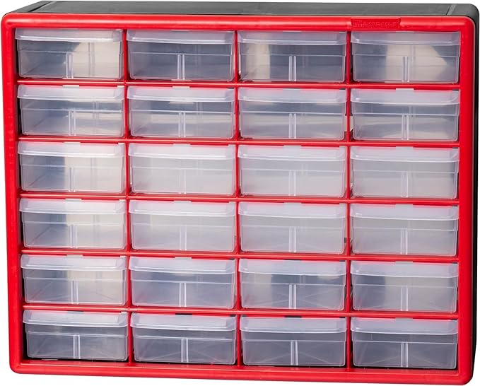 Akro-Mils 24-Drawer Plastic Drawer Storage Cabinet for Garage Organization, Bead Organizer, Building Bricks Storage, Teacher Toolbox, Makeup Organizer, 20" W x 6" D x 16" H, 10124 Red - Image 9