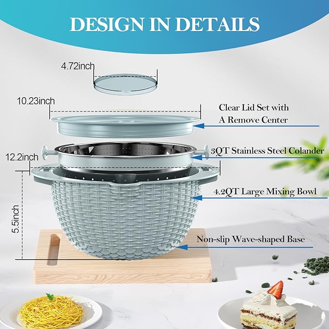 4 in 1 Colander with Mixing Bowl Set, Colander for Kitchen, Strainers and Colanders, Pasta Strainer, Fruit Cleaner, Veggie Wash, Aesthetic Kitchen Essentials - Blue - Image 2
