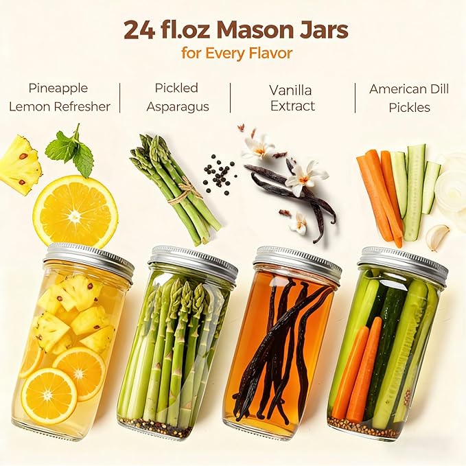 ComSaf 24 oz Mason Jars Wide Mouth 6 Pcs, Large Canning Jars with Seal Bands, 24 oz Glass jar with Lid for Jam, Sauce, Juice, Coffee, Pickling, Fruit, Dessert, Kitchen Storage, Vanilla Extract