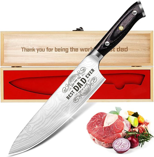 Funistree Dad Gifts from Daughter Wife Son, Best Dad Ever Kitchen Knife Gift Set with Wooden Box, Dad Birthday Gift Ideas, 8" Professional Chef Knife, Dads Birthday Gift for Men Husband