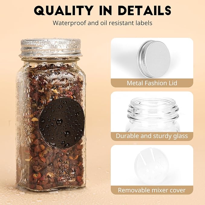 6Pcs Spice Jars with Label, 4oz Empty Square Seasoning Containers, Spice Jars with Shaker Lids, Small Spice Bottles for Salt, Herbs, Sugar, Pepper, Seasoning Jars for Spice Rack, Cabinet, or Drawer - Image 6