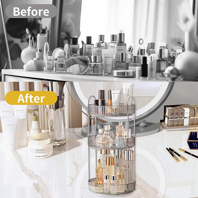 Asayuee 360 Rotating Makeup Organizer,3 Tier Large Capacity Make Up Organizers and Storage,Makeup Organizer for Bathroom,Cosmetic Perfume Stand Organizer(Grey-3 Tier) - Image 5