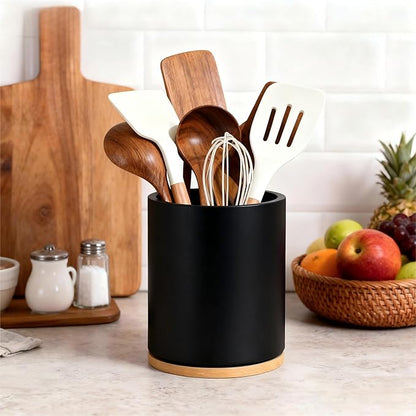 Wooden Utensil Holder, 360°Rotating 7.3'' Large Utensil Holder for Kitchen Counter, Kitchen Utensil Organizer, Utensil Crock, Farmhouse Kitchens Countertop Decor, Black Color - Image 8
