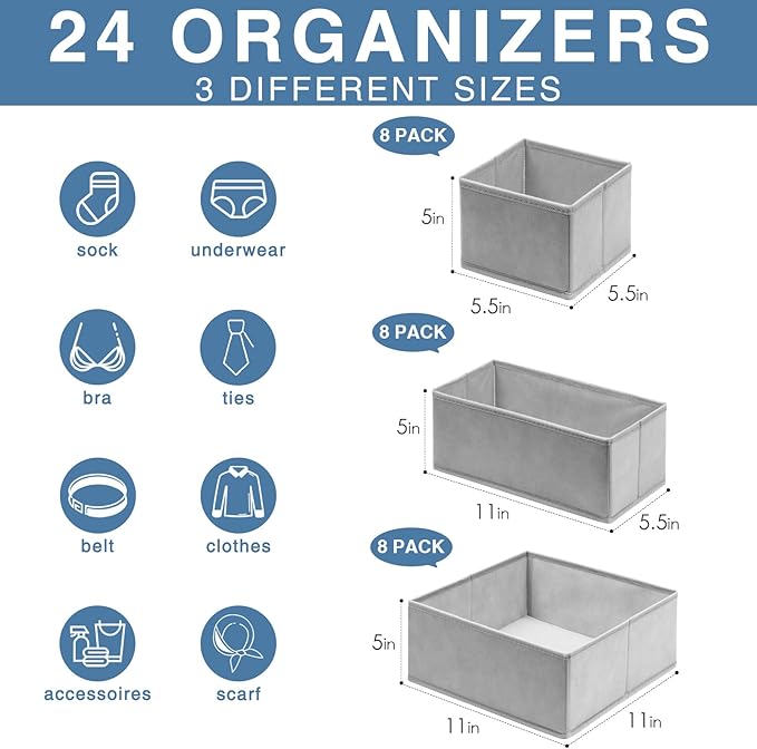 Criusia Drawer Organizer Clothes 24 Pack, Fabric Closet Organizers and Storage Bins for Underwear Sock, Odorless Dresser Drawer Dividers for Baby Nursery Organization (Grey) - Image 2