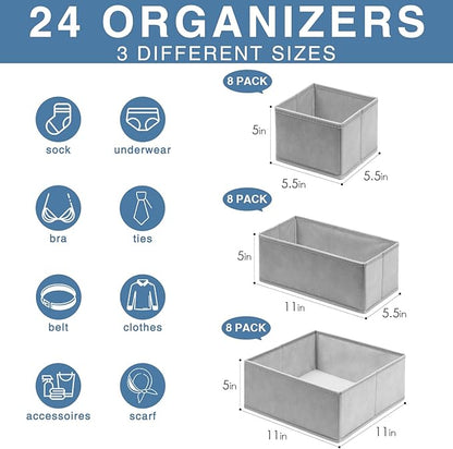 Criusia Drawer Organizer Clothes 24 Pack, Fabric Closet Organizers and Storage Bins for Underwear Sock, Odorless Dresser Drawer Dividers for Baby Nursery Organization (Grey) - Image 2