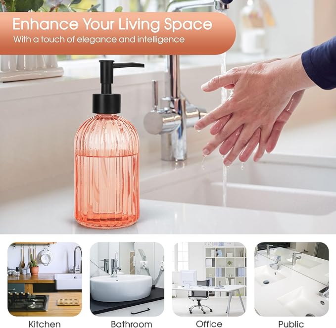Topsky Stripe Glass Soap Dispenser with Black Plastic Pump, 400ml Liquid Hand Soap Dispenser, Rustproof Pump for Kitchen & Bathroom, Great for Lotions, Essential Oil, Liquid Soaps-Pink Orange - Image 5