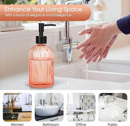 Topsky Stripe Glass Soap Dispenser with Black Plastic Pump, 400ml Liquid Hand Soap Dispenser, Rustproof Pump for Kitchen & Bathroom, Great for Lotions, Essential Oil, Liquid Soaps-Pink Orange - Image 5