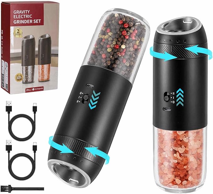 Gravity Electric Salt Grinder Set with Variable Grinding Speed, External Adjustable Coarseness, One Hand Operation, Upgraded Larger Capacity,White LED Light, Black 2 Pcs by GLOKUUCA