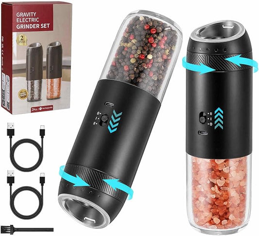 Gravity Electric Salt Grinder Set with Variable Grinding Speed, External Adjustable Coarseness, One Hand Operation, Upgraded Larger Capacity,White LED Light, Black 2 Pcs by GLOKUUCA