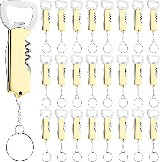 Ziliny 24 Pcs Bottle Opener Keychain Bulk Wine Bottle Beer Opener Keychain 3.27" Stainless Steel Corkscrew Waiter Corkscrew Wine Keyring Gifts for Christmas Bar Party Wedding Home (Gold)