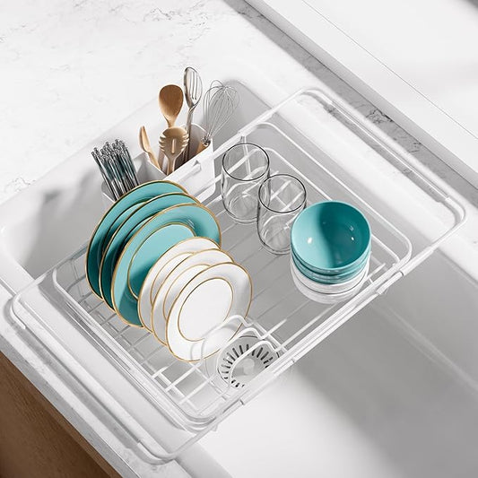 Sakugi Extendable Dish Drying Rack Over Sink with Dish Drainer, Sink Organization and Storage Essentials with Silverware & Utensil Holder, Home and Apartment Decor, 12" W x 16.1~23" L, White by Sakugi