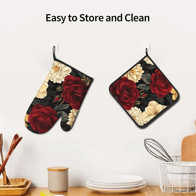 Boho Oven Mitts and Pot Holders Sets Vintage Peony Flowers Kitchen Mitts Potholders 2PCS Floral Oven Gloves Hot Pads for Kitchen Baking Cooking - Image 6