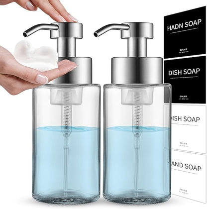 Glass Foaming Hand Soap Dispenser, 10 oz Easy Refill Bathroom Soap Dispenser, Foaming Dispenser with Stainless Steel Pump & Waterproof Labels, Foam Soap Pump Bottles for Handwashing, 2 Sets by DOILIESE