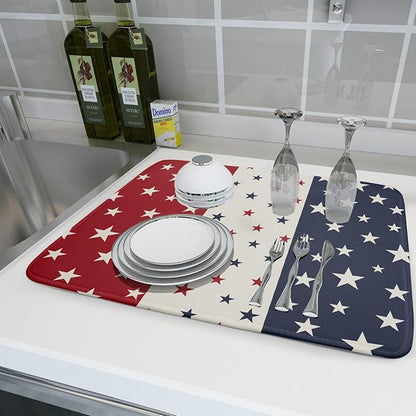 Blue Red White Star July of 4th Patriotic Dish Drying Mat for Kitchen Counter 18x24 Independence Day Absorbent Reversible Microfiber Drying Mats Kitchen Countertop Protector Dishes Drainer Rack Pad - Image 6