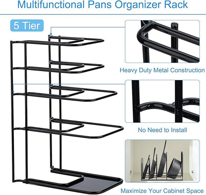 Toplife Heavy Duty Pan Organizer, 5 Tier Pot and Pan Organizer Rack for Cast Iron Skillets, Griddles and Pots - Sturdy Steel Construction- No Assembly Required - Black - Image 4