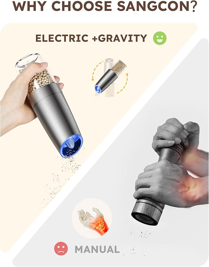 Sangcon Gravity Electric Pepper and Salt Grinder Mill Set Automatic Shakers Grinder with LED Light, Battery Powered Adjustable Coarseness One Hand Operation, Random X or XL Capacity - Image 3