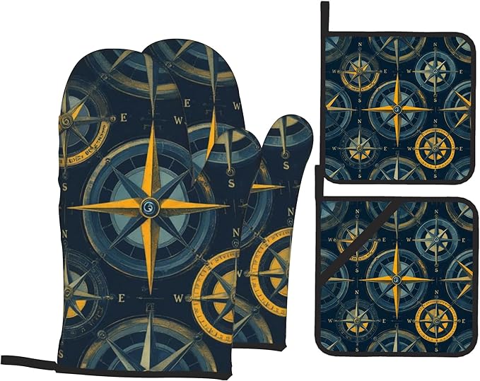 Campass Sailor Oven Mitts & Potholder Set of 4 - Heat Resistant Kitchen Gloves Hot Pads for Baking, Cooking, Gifts for Women