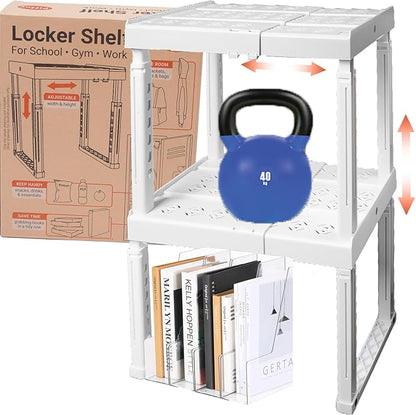 Piffny Locker Organizer Shelf， Adjustable Width and Height, Stackable, Ideal Locker Shelf for School, Office, Gym Lockers, or Even Kitchen Cabinets & Under Sink Organization(White 2 Pack) by Piffny