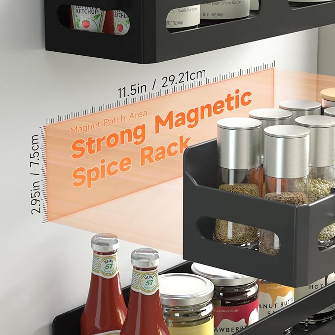 Sevenblue 2 Pack Strong Magnetic Spice Rack for Refrigerator, Multipurpose Magnetic Shelf for Fridge with 4 Hooks for kitchen and Bathroom Organization, Black - Image 2