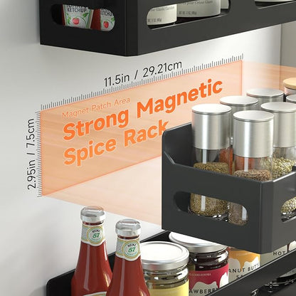 Sevenblue 6 Pack Strong Magnetic Spice Rack for Refrigerator, Multipurpose Magnetic Shelf for Fridge with 4 Hooks for kitchen and Bathroom Organization, Black - Image 2