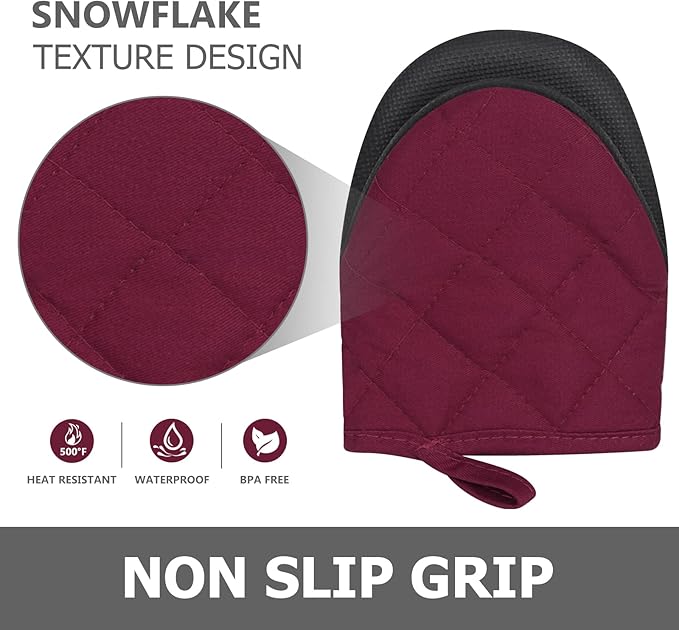 1 Pair Short Oven Mitts - Silicone Kitchen Oven Gloves High Heat Resistant 500℉, Mini Oven Mits with Non-Slip Grip Surfaces and Hanging Loop for BBQ, Baking, Cooking and Grilling (Dark Red) - Image 5