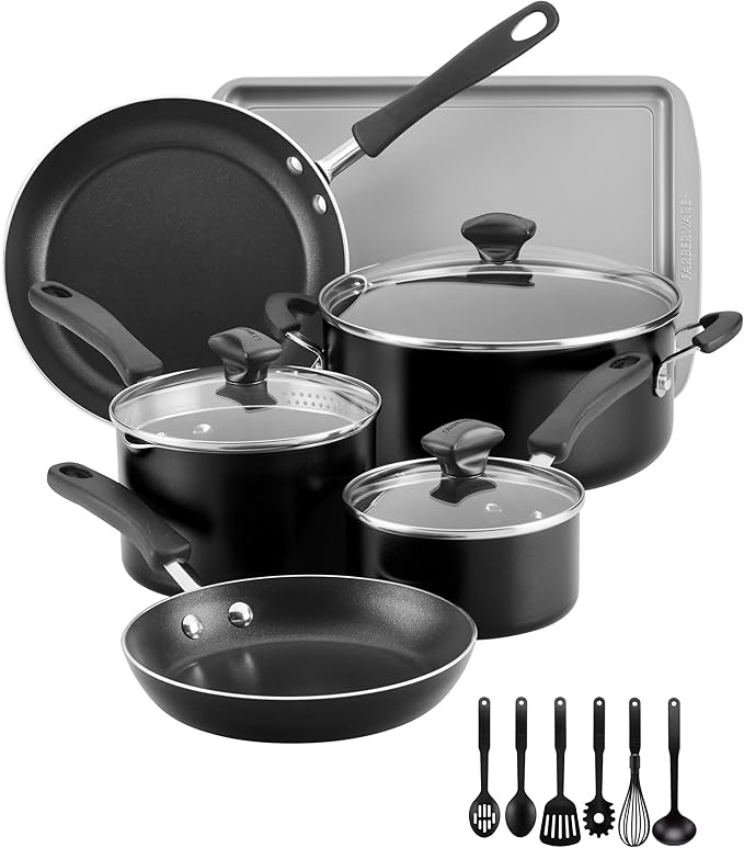 Farberware Cookstart DiamondMax Nonstick Cookware/Pots and Pans Set with Glass Lids, Dishwasher Safe, Includes Baking Pan and Kitchen Cooking Tools, 15 Piece - Black - Image 2