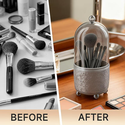 Makeup Brush Holder with Lid, Cosmetic Tools Organizer with Cover, 360° Rotating Sliding Opening Dustproof Brushes Container for Vanity, Ideal Gift for Girlfriend Wife Friends (Gray)