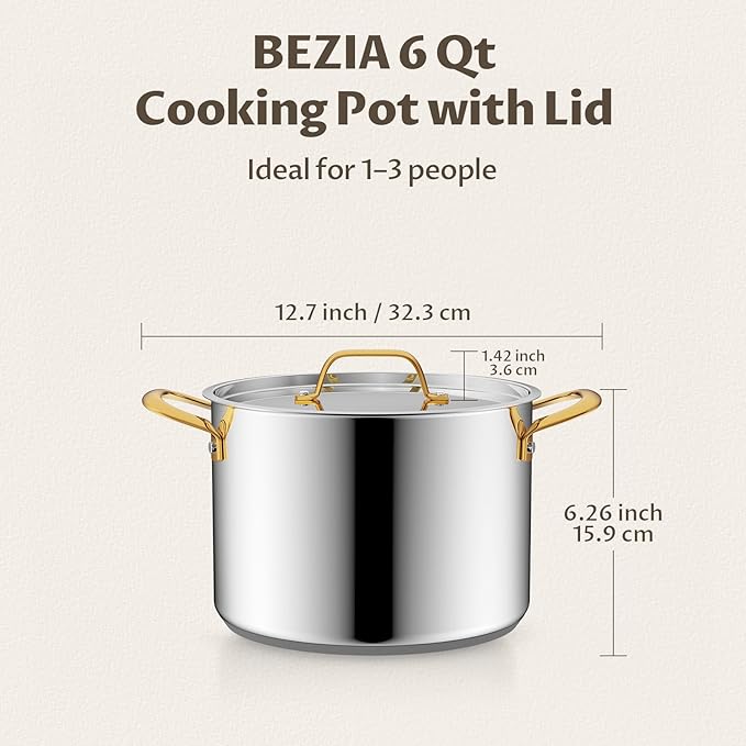 BEZIA 6 Quart Stainless Steel Stock Pot, 0-Coating Healthy Soup Pot for Small Families, Tri-ply Even Heat for Daily Cooking & Side Dishes, Compatible with All Stovetops - Image 7