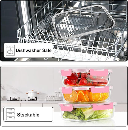 VERONES 10Pack Glass Meal Prep Containers, Airtight Glass Lunch Containers,Stackable Food Storage Containers Set with Lids,Exclusive of BPA, for Microwave,Oven, Freezer&Dishwasher Friendly,Pink - Image 5