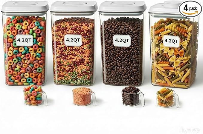 Melovom 4 Pcs Large Pop Airtight Food Storage Containers Set with Lids, 4.2Qt/4L Food Containers with Scoop, Kitchen Pantry Organization and Storage, BPA Free Stackable Cereal Container (4 * 4.2Qt) by Melovom