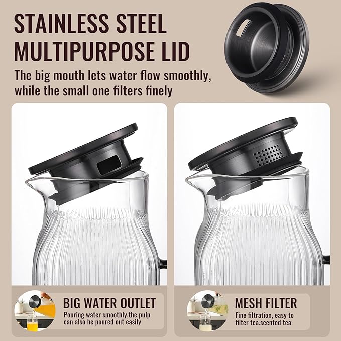 2 Liter/68 oz Square Glass Pitcher with Lid, Classic Stripes Water Pitchers with Handle for Fridge, Large Jug for Iced Tea, Coffee, Borosilicate Glass Carafe for Hot/Cold Brew Drink, Black - Image 5