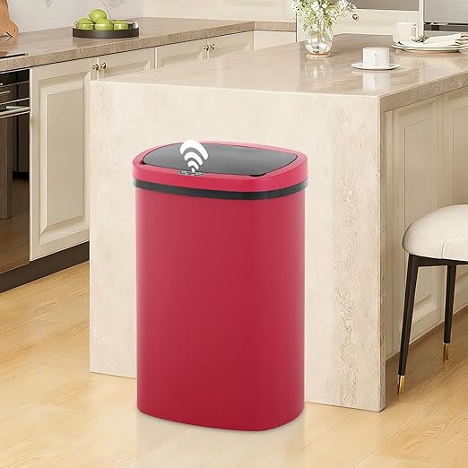13 Gallon Trash Can | 50L Sensor Automatic Kitchen Trash Can with Lid | Touchless Garbage Bin Odor-Control for Kitchen, Office, Bedroom, Living Room (1 Pack, Red) by Home