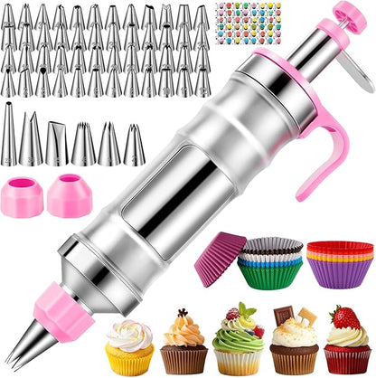 Cake Decorating Tools Supplies Kit: 164pcs Baking Accessories, Dessert Piping Syringe and Icing Tips Set - Puffs Cupcake Frosting Piping Bakery Set for Adults Beginners or Professional, Pink by AUKOW