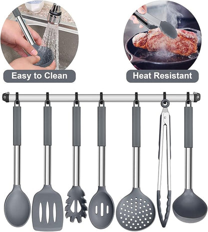 E-far Silicone Cooking Utensils Set, 7 Pcs Heat Resistant Kitchen Utensils with Stainless Steel Handle, Slotted Turner, Spoon, Soup Ladle, Pasta Server, Skimmer, Tongs for Nonstick Cookware, Gray - Image 6