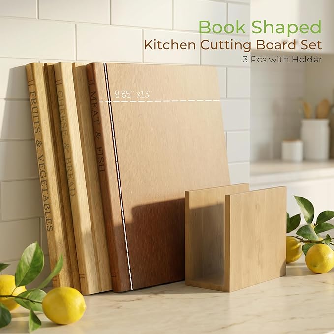 Book Cutting Board Set with Wooden Stand-Wooden Kitchen Cutting Boards That Look Like Books for Vegetables Cheese Meat, Chopping Board Gift Set for Home Cooks & Kitchen Decor - Image 9