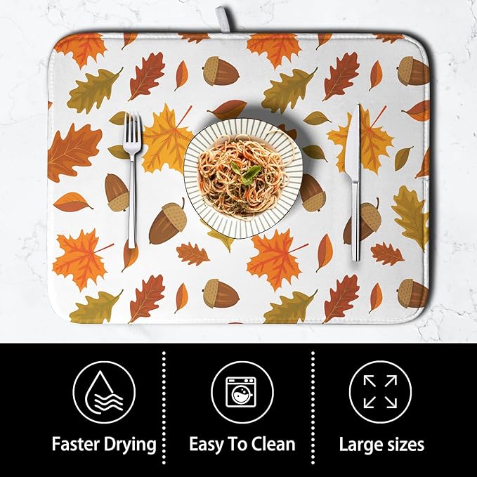 Fall Leaves Dish Drainer Mat - Absorbent Drying Mat for Counter - 18x24 Inch, Orange Maple Leaf Pattern - Image 4