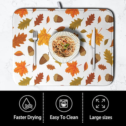 Fall Leaves Dish Drainer Mat - Absorbent Drying Mat for Counter - 18x24 Inch, Orange Maple Leaf Pattern - Image 4