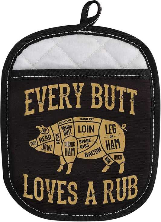 LEVLO Funny Pig Pork BBQ Grill Oven Mitt with Hot Pads Pig BBQ Lover Gifts Every Butt Loves A Good Rub Pot Holder for Friend Family Pork Rub (Every Butt Loves)