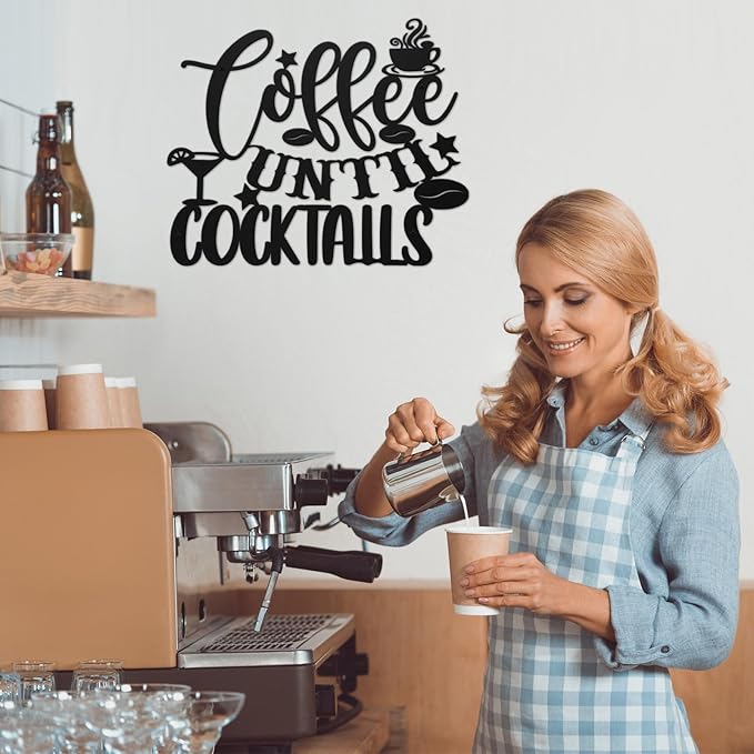 Ferraycle Coffee Bar Decor, 12 x 10.2 Inch Sign for Wall Metal Rustic Hanging Wall Art Vintage Black Cup Letter Sign for Cafe Home Office Kitchen(Coffee Until Cocktails) - Image 5