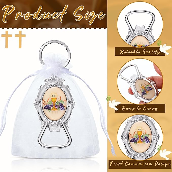 Misdary 12 Pcs First Communion Bottle Opener Keychain Catholic Bottle Opener with Organza Baptism Party Favor for Guest