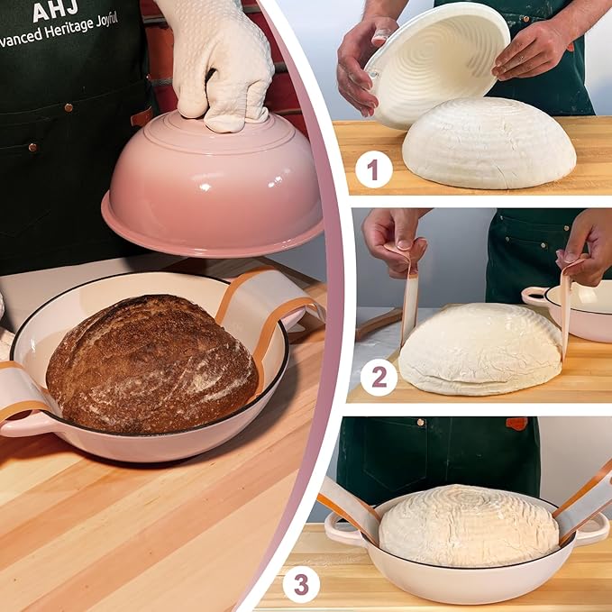 AHJ 6QT Dutch Oven For Bread Baking, Enameled Cast Iron Dutch Oven Pot with Lid, Multi-Functional Bread pan, Sourdough Baking Supplies with Proofing Basket, Cast Iron Bread Oven, Silicone Sling & Gloves. - Image 7