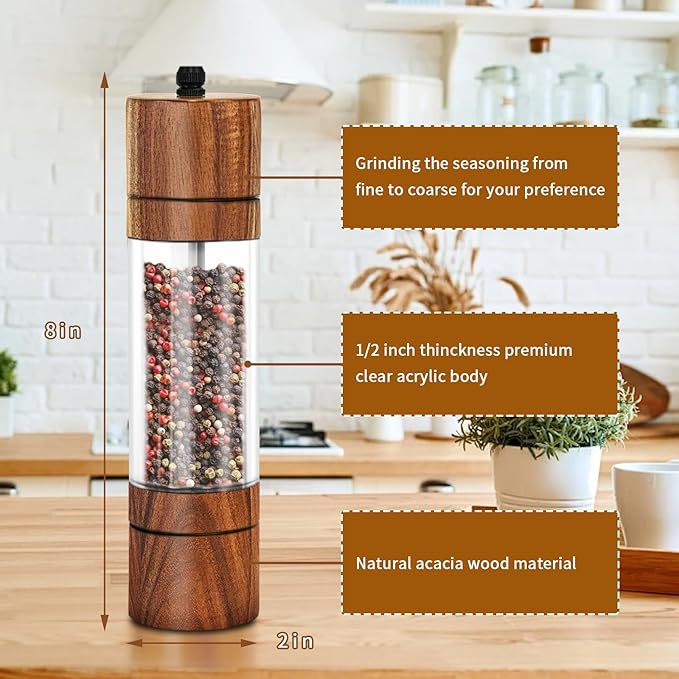 XWXO Acacia Wood Salt Grinder and Pepper Grinder Set Premium Acrylic Salt and Pepper Mill Set, Manual Salt and Pepper Mills- Wooden Shakers with Adjustable Ceramic Core 8 Inches 2 Pack - Image 2