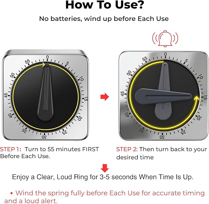 Searon Kitchen Timers for Cooking, Mechanical Wind Up Timer with Loud Ring, Magnetic Back, No Battery Needed, Stainless Steel Countdown Timer for Cooking and Baking - Image 2