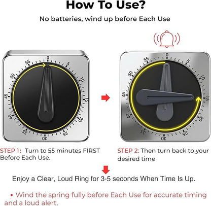 Searon Kitchen Timers for Cooking, Mechanical Wind Up Timer with Loud Ring, Magnetic Back, No Battery Needed, Stainless Steel Countdown Timer for Cooking and Baking - Image 2