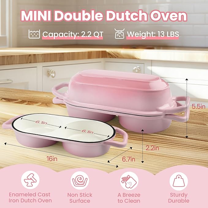 YONILL Mini Double Dutch Oven for Sourdough Bread Baking - Enameled Cast Iron Dutch Oven Pot with Lid and 5" Banneton Bread Proofing Basket Kit, Dual Round Bread Loaf Pan for Homemade Baking (Pink) - Image 3