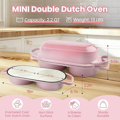 YONILL Mini Double Dutch Oven for Sourdough Bread Baking - Enameled Cast Iron Dutch Oven Pot with Lid and 5" Banneton Bread Proofing Basket Kit, Dual Round Bread Loaf Pan for Homemade Baking (Pink) - Image 3