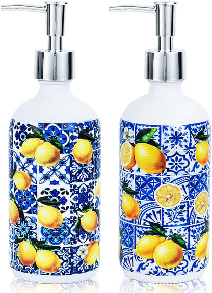 2 Pcs Blue Tiles Lemon Soap Dispenser Blue Tile Yellow Capri Lemon Glass Dispenser Hand Soap Pump Inspired Refillable Liquid Soap and Lotion Bottle Storage for Home Kitchen Bathroom Decor
