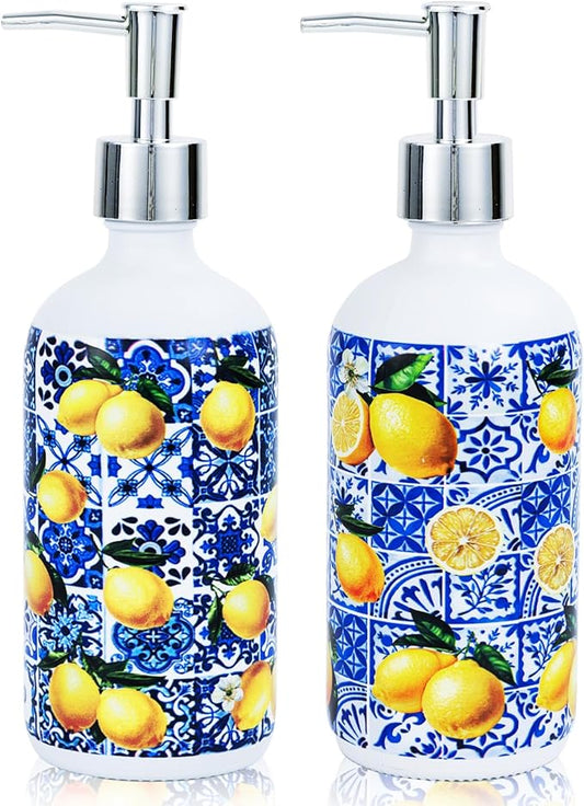 2 Pcs Blue Tiles Lemon Soap Dispenser Blue Tile Yellow Capri Lemon Glass Dispenser Hand Soap Pump Inspired Refillable Liquid Soap and Lotion Bottle Storage for Home Kitchen Bathroom Decor